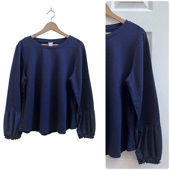 Chico’s Zenergy Blue Mixed Media Bungee Cord Cuff Pullover Blouse Size 12/14 - Picture 1 of 10